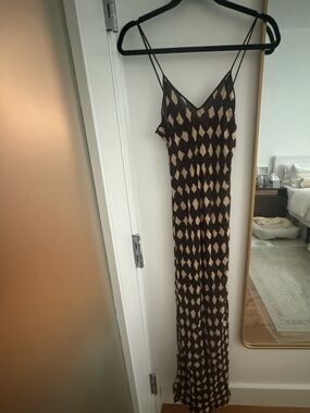 Vintage Brown and Cream Diamond-Print Slip Maxi Dress